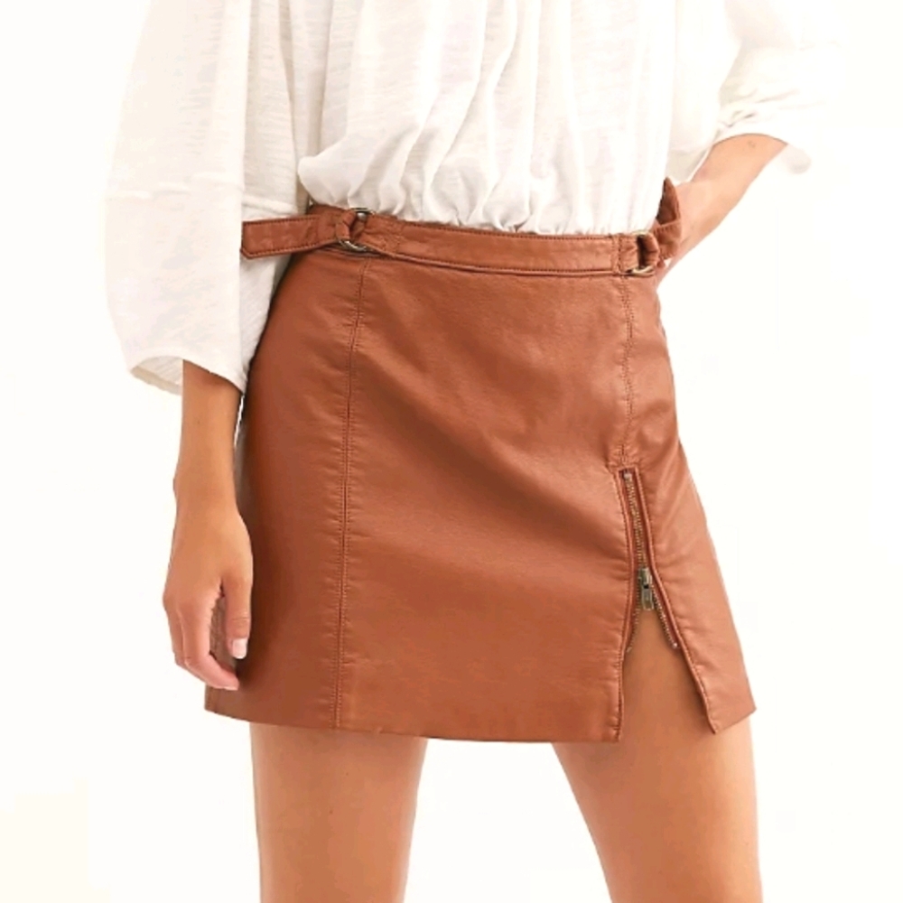 New. free people Cognac faux leather midnight magic mini skirt